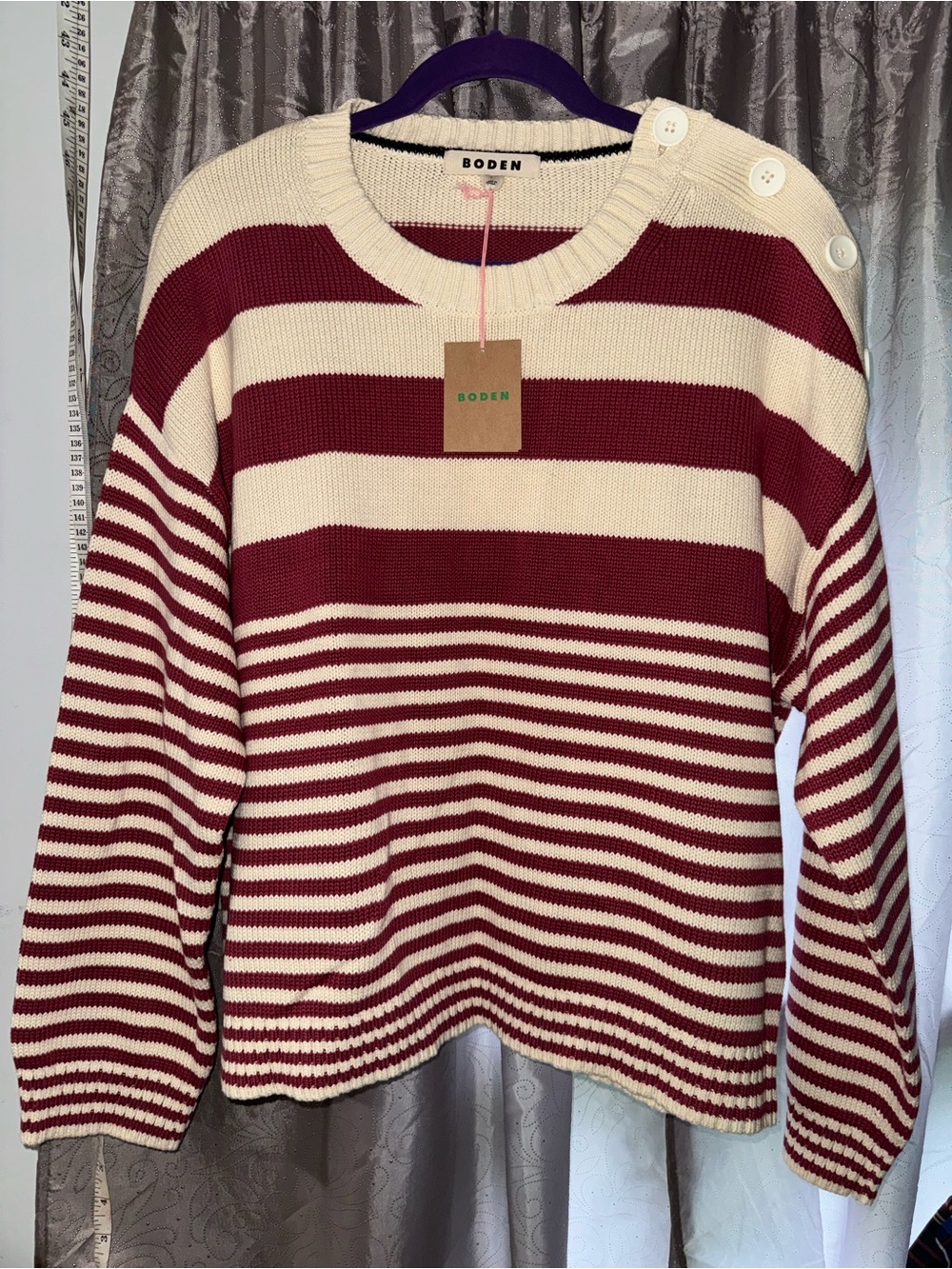 Boden Cream and Burgundy Striped Button-Shoulder Crewneck Sweater
